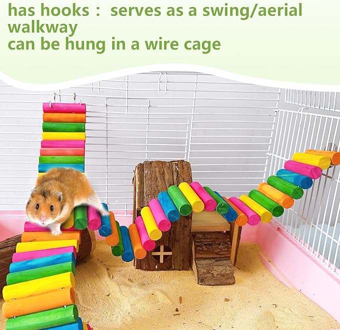 2Piece Hamster Colorful Bridge,Flexible Bendy Climbing Ladder Hanging Wooden Stairs Chew Toy for Bird Parrot Chipmunk Sugar Glider Gerbil Mice