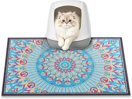 Cat Litter Mat, 24" x 16" Litter Box mat, Traps 100% Litter, Non-Slip Kitty Litter Trapping mats, Small Cute Litter mat, Easy Clean for Scatter Control, Bohe cat Food mat, Urine Waterproof