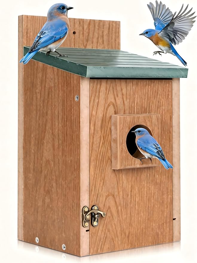 Gtongoko Recycled Plastic Bird Houses for Outside Clearance 1-1/2" Entrance Hole Blue Birdhouses for Outdoors with Air Vents Green & Brown Nesting Box for Bluebird Swallows Finches Chickadee 1 Pack