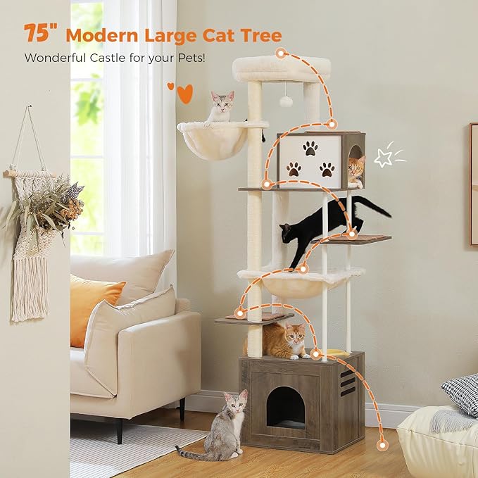 PAWZ Road Large Cat Tree with Food Station, 74.8 Inches Wooden Tall Cat Tower with Extra Large Condos and Hammocks,Spacious Perch,Sisal and Steel Posts, Scratching Mat for Indoor Adult Cats-Gray