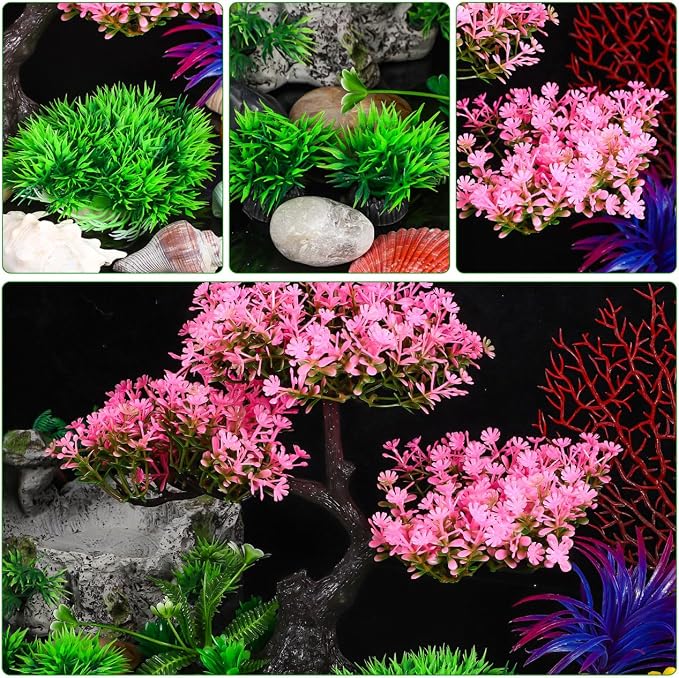 Didiseaon Aquarium Decor Artificial Plants Tree Set 11.4 Inch Pink | Plastic Plants for 10-55 Gallon Fish Tank Decoration Cherry Blossom Tree Fish Tank Decor Betta Fish Bowl Home Office Decor