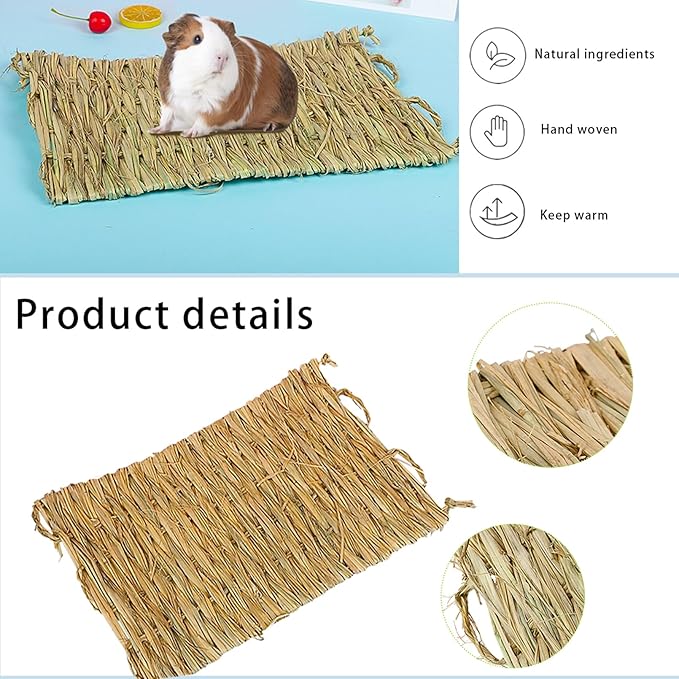 PINVNBY Straw Mats for Rabbits,11.0"x8.3" Natural Bunny Grass Mat,Handwoven Rabbit Hay Mat Small Animal Bedding Chewable & Cooling Mat - Eco-Friendly Cage Liner Nesting Toy(4 PCS)