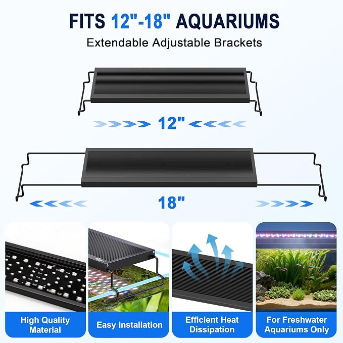 AQQA LED Aquariums Light Full Spectrum for 12-18 inch, Fish Tank Light | with Timer for Freshwater and Plants Growth, 24/7 Lighting Cycle, 9 Color Modes & 10-Level Brightness, 22W Black