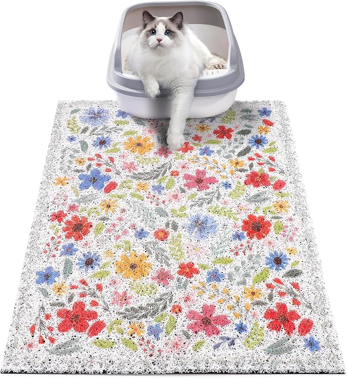 Cat Litter Mat, 20x15 in Litters Box Mat Waterproof Non-slip Easy to Clean Washable Trapping Mat for Kitty(White Leaves)