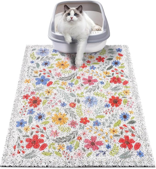 Cat Litter Mat, 20x15 in Litters Box Mat Waterproof Non-slip Easy to Clean Washable Trapping Mat for Kitty(White Leaves)