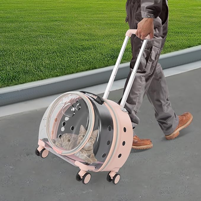 Cat Carrier with Wheels, Breathable Cat Rolling Carrier with Telescopic Handle, Bubble Cat Backpack Carrier, Pet Travel Bag for Small Dogs Pets, up to 19lbs, 15.7" x 10.6" x 17.7" (Pink)