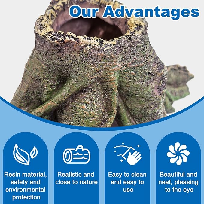 PINVNBY Resin Aquarium Tree Hollow Stump Decor - Fish Tank Ornament, Pleco Cave Hideout for Small Betta, Cichlid, Shrimp, Guppy & GloFish