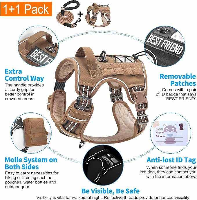 Beebiepet Heavy Duty Tactical Dog Harness for Medium Dogs, Brown, Molle System, Four-Point Adjustment, Anti-Lost ID Tag, Includes 5ft Leash