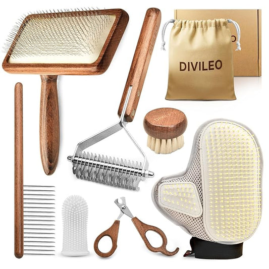 Premium Waterproof Pet Grooming Kit for Dogs & Cats – Wooden Handle Slicker Brush, Deshedding Comb & Nail Clipper – Professional Dog Grooming Supplies Set with Canvas Pouch | USA Brand