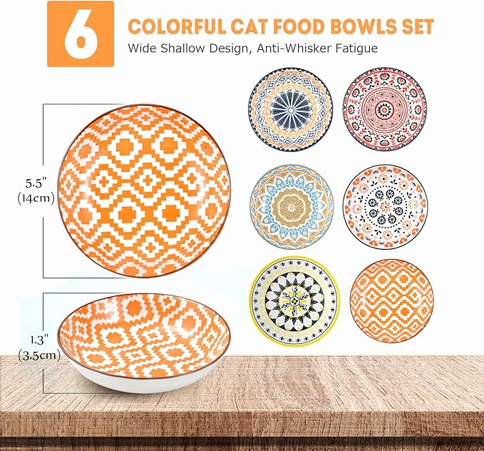 YEAHGO Cat Bowls Ceramic Cat Food Bowl for Indoor Cats and Kittens, 5.5" Anti Whisker Fatigue Cats Dishes, Shallow Wide Plates Cute Pet Feeding Bowls for Food and Water,6 Pack