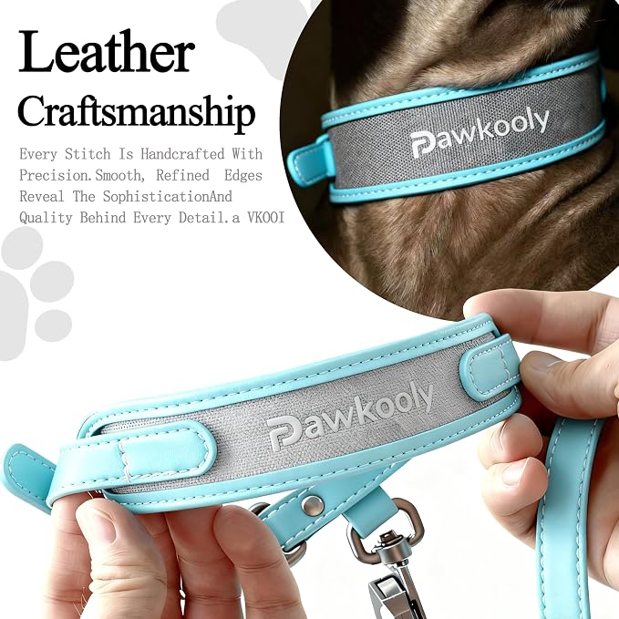 MagEase Dog Collar with 4FT Leash | Adjustable | Anti-Wrinkle, Bite & Stain-Resistant Leather | Soft & Skin-Friendly | 450LB Escape-Proof Magnetic Buckle (Light Blue, Extra Large)