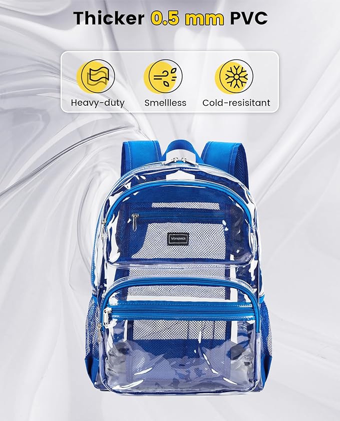 Vorspack Clear Backpack for School - Heavy Duty See Through Bookbag for Girls Boys Large Transparent Backpacks for Work, Travel - Blue