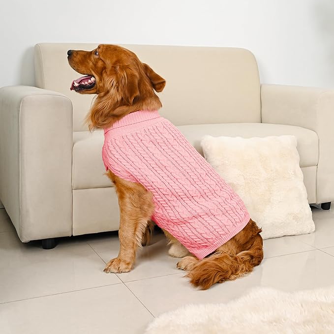 2 Pack Dog Sweaters for Large Dogs Winter Turtleneck Pullover Cable Knit Fleece Stretch Pitbull Labrador Golden Retriever Doberman Bulldog Boy Girl Pet Clothes (XXL, Pink & Purple)