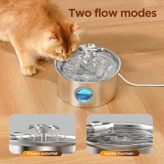 Cat Water Fountain Stainless Steel: Pet Drinking Fountains with 6 Filters & 3 Sponges - 88oz/2.6L Water Fountain for Cats Inside with Flower - IHOUONE Kitty Spout Dog Dispenser Animal Supplies