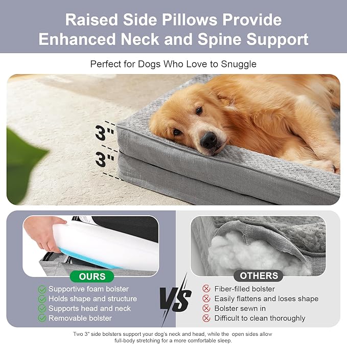 Rainmr Orthopedic Dog Beds for Large Dogs, Memory Foam Dog Beds Large Sized Dogs, Washable Removable Cover, Nonskid Bottom, Waterproof, for Indoor, Outdoor, Crate ＆ Car Use, 44x32x6 Inches, Light Grey