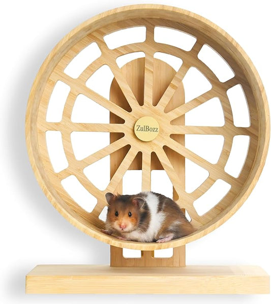 7" Silent Hamster Wheel, Carbonized Bamboo Exercise Spinner with Adjustable Stand for Dwarf Hamsters, Roborovski & Small Mice