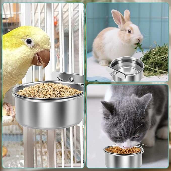8 PCS Stainless Steel Bird Feeding Bowls, Bird Water Bowls with Clamp Holder, Parrot Food Dish Cups,Parrot Cage Coop Feeders for Cockatiels,Conure,Budgies,Finches,Parakeet and Similar Birds