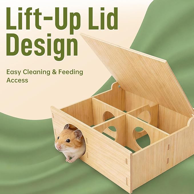 Hamster Tunnel Hideout Wooden House with Flip Cover, Small Pet Hamster Hideout Play Tunnel for Hamsters Mice Gerbils, Natural Wood Hamster House for Cage Explore Hide Rest