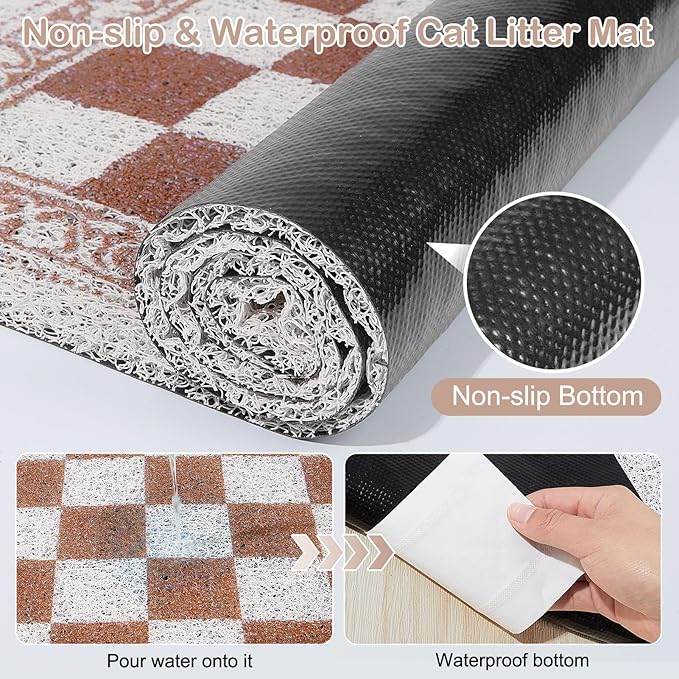 Bienbee Cat Litter Mat,24" x 15" Waterproof Litter Box Mat Litters Rug with Non-Slip Bottom, Easy to Clean Litter Trapping Mat for Cat,Light Beige Checkerboard M