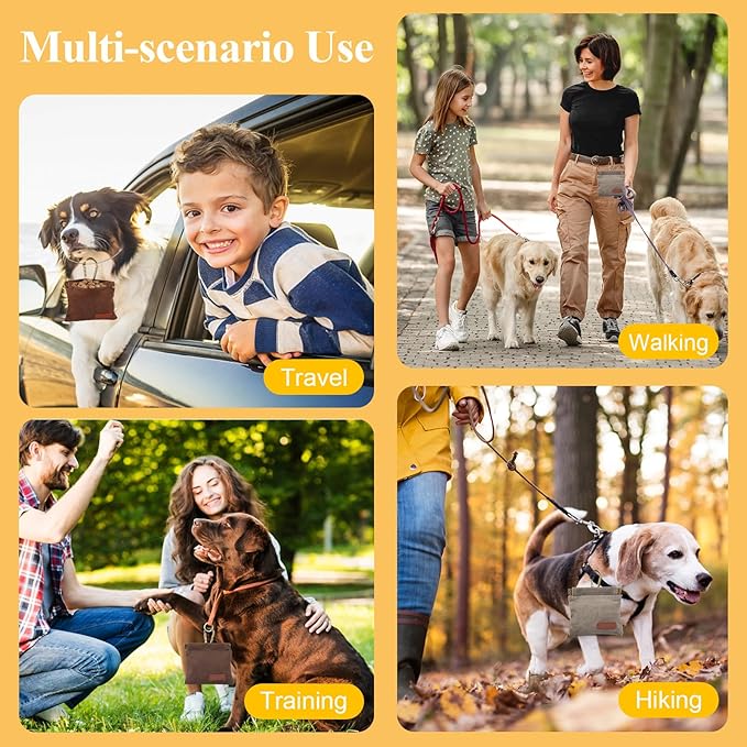 2Pcs Dog Treat Pouches for Pet Training, Hand Free Puppy Dogs Treat Bag with Carabiner, Portable Auto Closing Pet Dog Walking Bag for Travel or Outdoor Use, Pets Feed Snack Reward Pocket- Brown, Grey