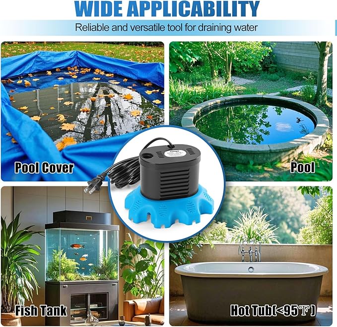 FIDISP Pool Cover Pump, 850 GPH Pool Water Pump with 23 FT Drain Hose | 4 Adapters, 25 FT Power Cord, Water Pump for Pool Draining for Drainage of Pool Covers, Ponds (Deep Blue)