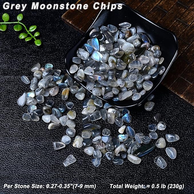 Erliway Grey Moonstone Crystal Chips Bulk for Vase Filler, 0.5 lb 7-9 mm | Natural Crushed Crystal Stone for Spell Jar, Aquarium Gravel, Reiki Healing Meditation, Jewelry Making, Resin Art, Home Décor