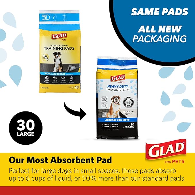 Glad for Pets XL Charcoal Training Pads, Activated Carbon Odor Control with Heavy Duty Leak-Resistant Layers, Quick-Dry Quilted Top Surface, Indoor Potty and Crate Liner, 24 x 24 in, 30 Count - 8 Pack