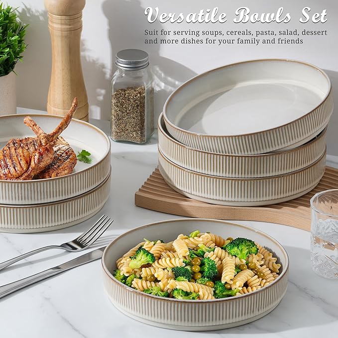 E-far Pasta Bowls Set of 6, 35oz Large Salad Bowl Plate for Dinner Serving, Wide & Shallow Ceramic Stoneware Pasta Plates, Microwave & Dishwasher Safe, Reactive Glaze Textured Stripes, Creamy Beige
