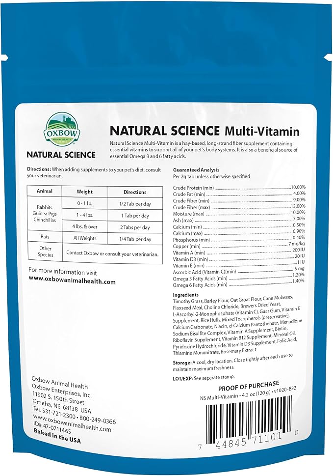 Oxbow Natural Science Multi-Vitamin,High Fiber Supplement for Rabbits & Guinea Pigs,Made with Timothy Hay,Multi-Pet Households,Omega 3 & 6 Fatty Acids,Made in USA,4.2 oz Bag,(Pack of 2)