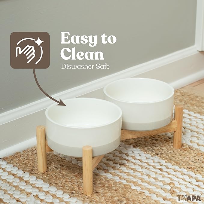 Ilyapa Ceramic Dog Bowls - Elevated for Medium Sized Pet with Raised Food and Water Set - Gray Double 6 inch, 28 Oz Bowls & 13x6.3x5.5 Wooden Stand