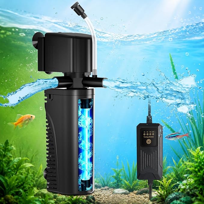 Aquarium U-V Filter for Green Water, Fish Tank Filter with U-V Light & Timer, Turtle Tank Filter with Dual Outlet & Aeration, for 10-30 Gallon Freshwater & Saltwater