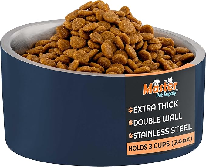 Master Pet Supply Stainless Steel Slanted Dog Cat Food Bowl - 24 oz Heavy Duty - Navy Blue, Double Wall Insulated, Non-Slip Elevated Bowl for French Bulldogs Pugs Cats, Anti Rust Dishwasher Safe