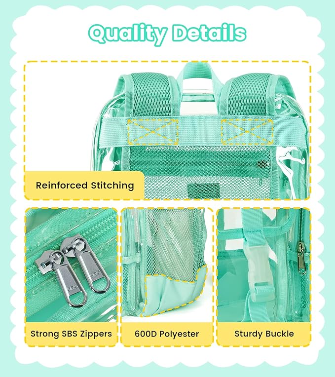 Vorspack Clear Backpack for School - Heavy Duty Transparent Bookbag for Girls Boys Large See Through backpacks for Work, College, Travel - Mint Green