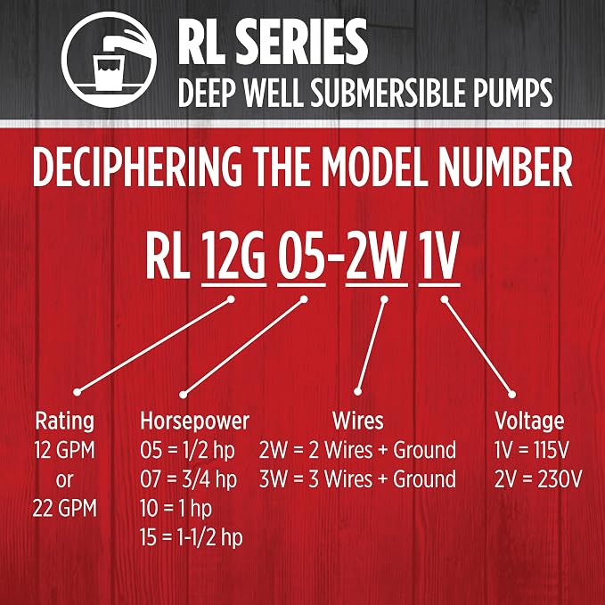 Red Lion RL12G10-2W2V Submersible Well Pump, 1 HP, 2-Wire, 230V, 12 GPM