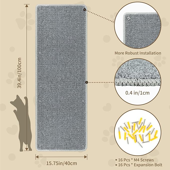 FHTONGE 39.4x15.8 Thickened Cat Wall Climbing Carpet with 16 Fixed Nails, Extra Large Tall Cat Scratch Pad for Wall, Wall Mounted Climbing Cat Scratcher for Furniture Couch Sofa Protector(Grey)