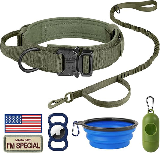 HYDEME Tactical Dog Collar Adjustable Nylon Collar with Control Handle and Heavy Metal Buckle for Medium and Large Dogs, with Patches&Airtags Case&Poop Bag Dispenser&Portable Bowl. (L, Green-Set)