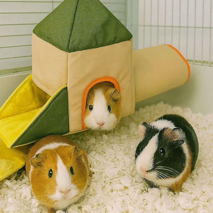 Guinea Pig Hideout Tunnel, Castle Toy Play Tube for Small Pets, 3 Cave House for Bunny Rabbit Hamster Ferret Chinchilla Rat Hedgehog