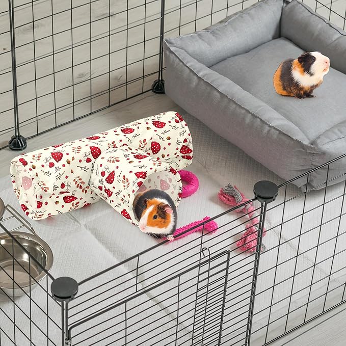 JarThenaAMCS Guinea Pig Tunnel 3 Way Washable Guinea Pig Hideout Foldable Rabbit Tunnel Red Beige Mushroom Small Animal Toy for Bunny Hamster Chinchilla Ferret Accessory