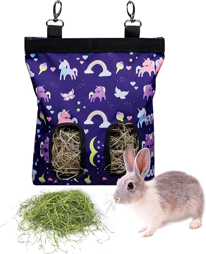 Rabbit Hay Feeder Bag Guinea Pigs Hanging Hay Rack Manger Holder Dispenser Small Animal Feeder Storage Pouch for Bunny Chinchilla Hamster (Pattern Purple, 2 Windows)