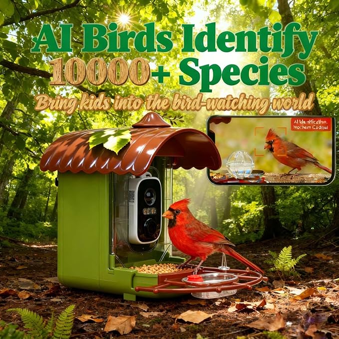 Bird Feeder with Camera, Smart Bird Feeder Camera with AI Identify BirdSpecies, Solar Powered, Instant Alerts, 2K HD Video, Various DIY Addons, 2.4G WiFi, Gift for Mom Dad Birdlover (Green)