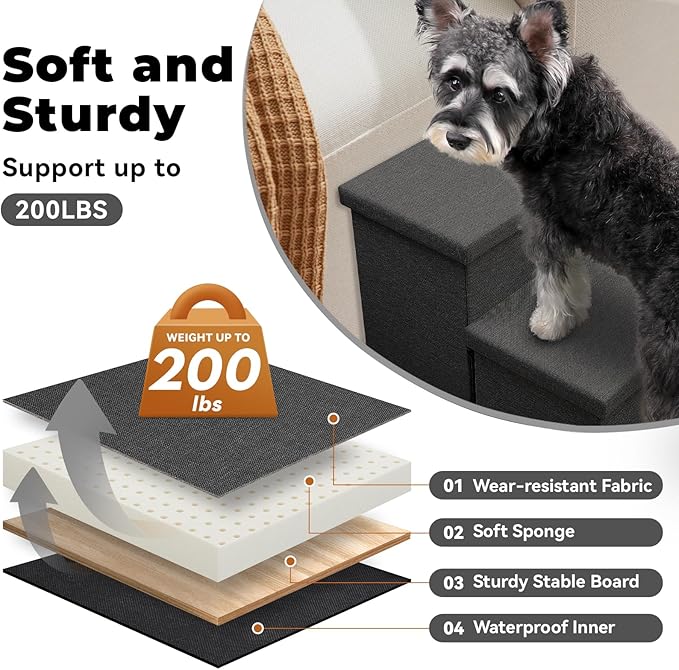 Zerbuger Dog Stairs with Storage 18" H, 3-Step Wider Dog Steps for Small/Medium/Large Old Dogs Cats, Folding Sturdy Pet Stairs Climbing Bed Couch, Ramp for Car Hold Up to 200 lbs (Dark Grey, No Condo)