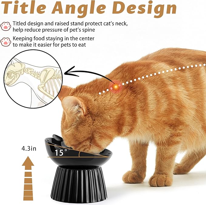 Ceramic Raised Cat Bowl，Tilted Raised Bowl Anti Vomit Bowls for Indoor Cats Whisker Friendly Pet Feeder for Cats Puppies, Microwave and Dishwasher Safe