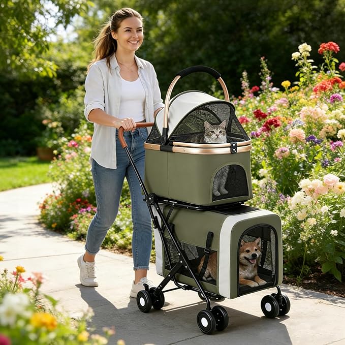 Double Pet Stroller for Dogs and Cats: Dog Stroller Foldable Travel Carriage with Detachable Carriers, Safety Belts, and 4 Lockable Wheels for Small to Medium Pets – Ideal for Multi-Pet Homes (Green)