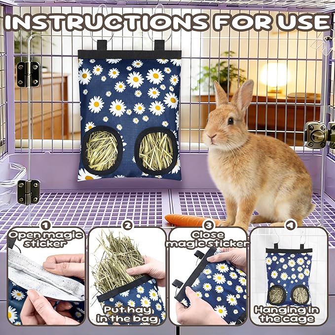 2 Pack Rabbits Hay Feeder Bag, 2 Holes Hanging Bunny Hay Feeder Guinea Pig Feeding Bag Storage Dispenser for Bunny Rabbits Chinchillas Hamsters Small Pets and Animals