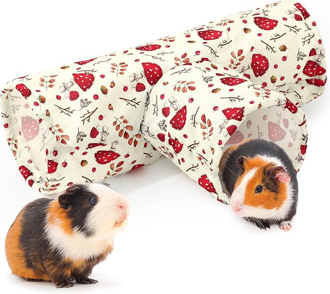 JarThenaAMCS Guinea Pig Tunnel 3 Way Washable Guinea Pig Hideout Foldable Rabbit Tunnel Red Beige Mushroom Small Animal Toy for Bunny Hamster Chinchilla Ferret Accessory