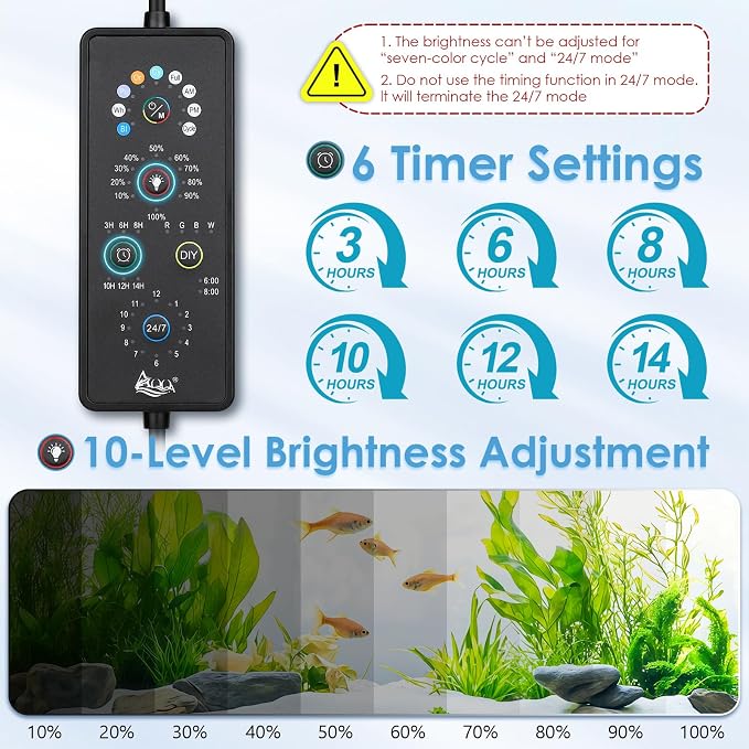AQQA Clip On Aquarium Light for Plants Full Spectrum Fish Tank Light | with 24/7 Natural Mode & DIY RGBW Mode, 6 Timer Settings, 9 Color Options & 10 Dimmable Levels (12W for 7.9"-11.8" Tank)
