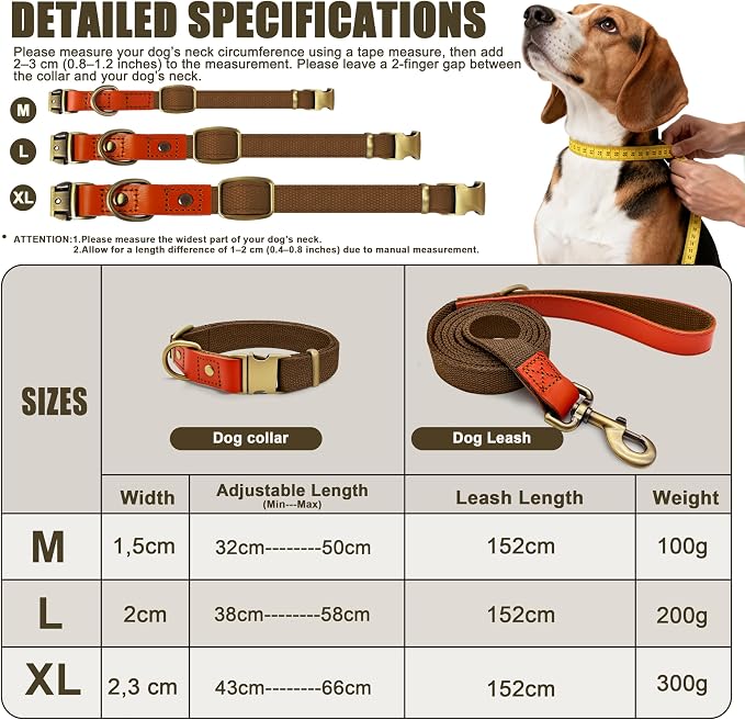 Dog Collar and Leash Set with Metal Quick Release Buckle, Adjustable, Breathable Nylon, Durable, Soft and Comfortable, No Pull for Walking and Training, Brown, L (14.9"-22.8")