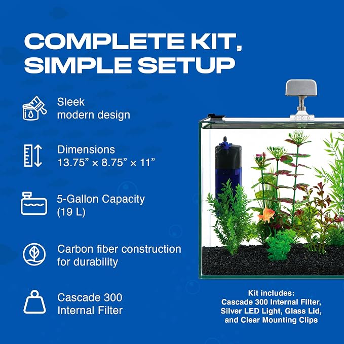 PENN-PLAX Water-World Radius Desktop Nano Aquarium Kit – Come with LED Light, Internal Filter, and Mat – Perfect for Shrimp and Small Fish – 5 Gallon Tank