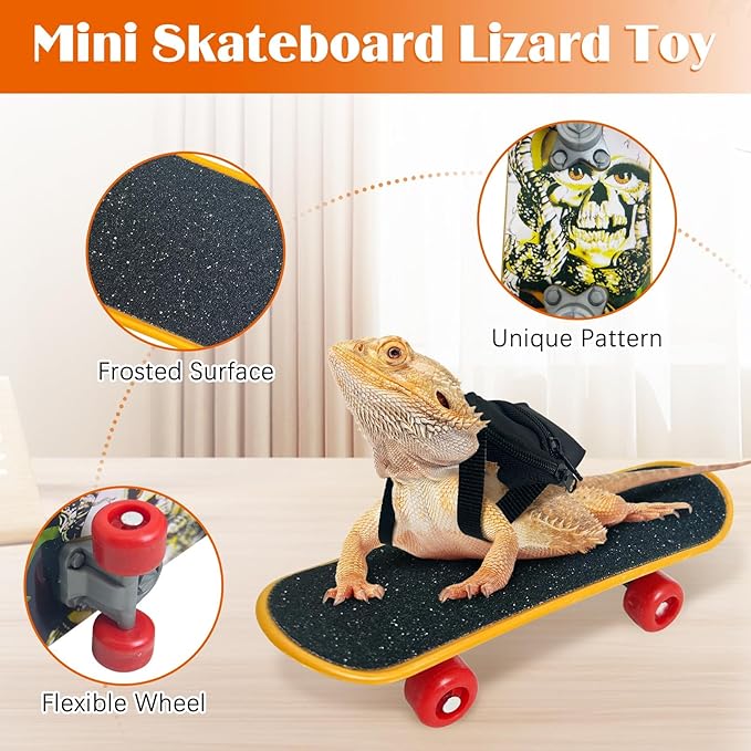 PINVNBY 5 Pack Bearded Dragon Leash and Harness Set Bearded Dragon Leash Backpack with Adjustable Hat & Bow Tie Mini Skateboard Toy Reptile Accessories for Lizard Reptile Outdoor Adventures