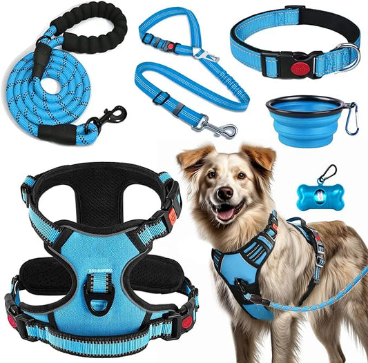 LOBEVE No Pull Dog Harness, Collar & Leash Set | Includes Dog Seat Belt, Collapsible Bowls & Poop Bag Dispenser. Ideal for Training, Walking, Hiking. Fits Small to Large Dogs(Blue-XL)